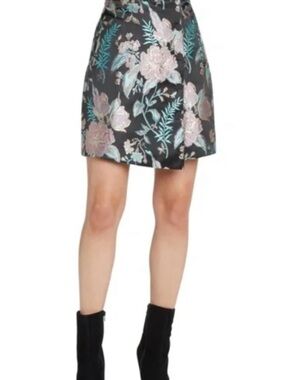 Willow & Clay Black Floral Jacquard Mini Skirt with Pink & Teal Accents